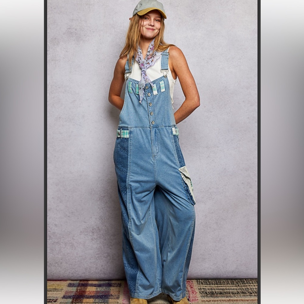 POL Light Blue Patchwork Denim Overalls - image 2